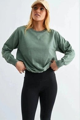 Sunset Drift Bubble Hem Pullover in Eldergreen - Desert Sunday