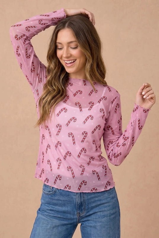 Sweet Holiday Vibes Candy Cane Mesh Top - Desert Sunday
