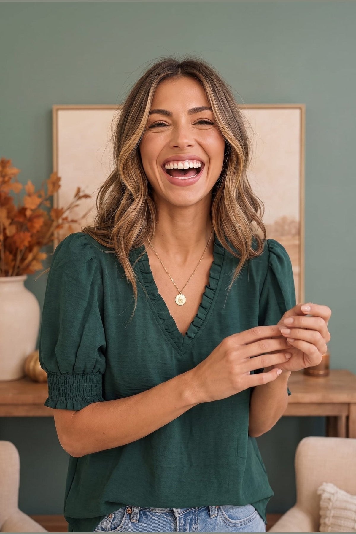 When We Met Ruffle V-Neck Puff Sleeve Top - Desert Sunday