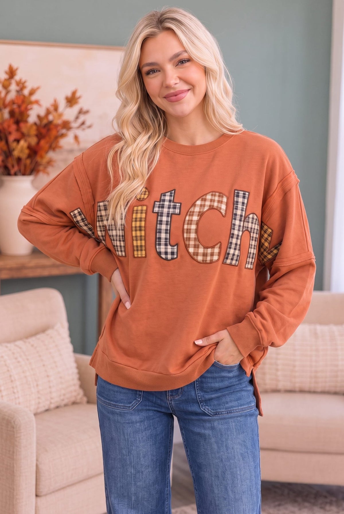 Witchy Plaid Patch Sweatshirt - Desert Sunday