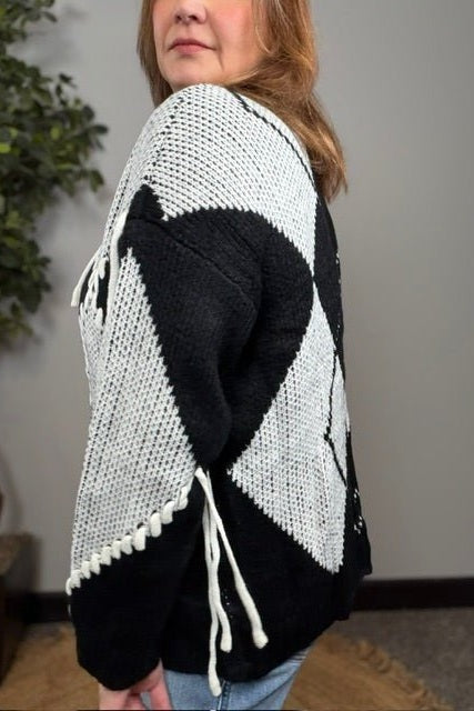 Yin and Yang Argyle Knit Cardigan in Black and Cream - Desert Sunday