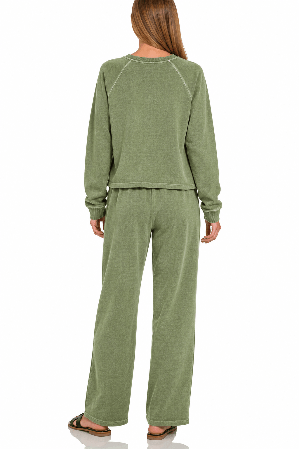 Zenana Washed French Terry Pullover & Pants 2PC Set In Olive - Desert Sunday