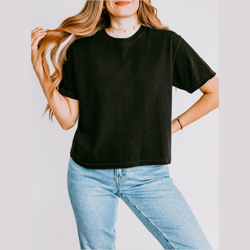 Person wearing a black t-shirt and blue jeans against a plain background