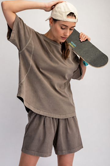 Comfort Washed Cotton Shorts Set in Mocha