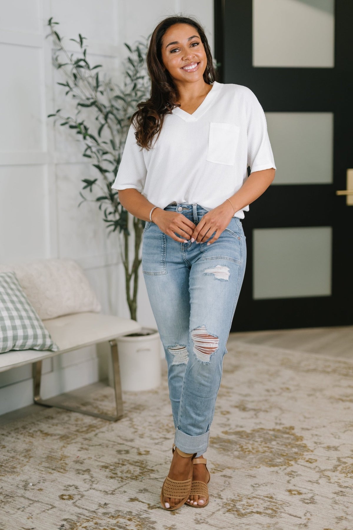 Aiden High Rise Patch Pocket Distressed Boyfriend Jeans - Desert Sunday