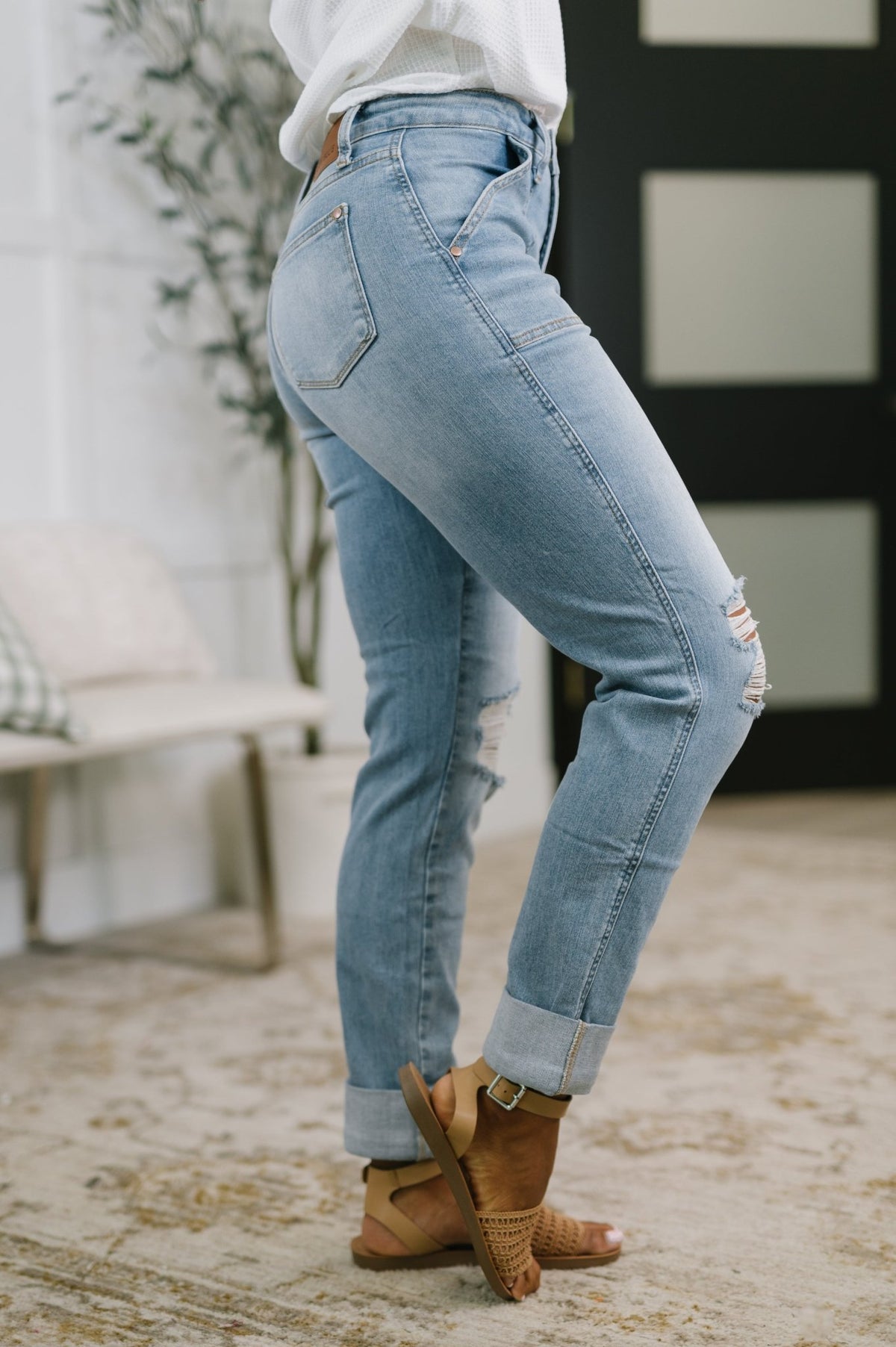 Aiden High Rise Patch Pocket Distressed Boyfriend Jeans - Desert Sunday