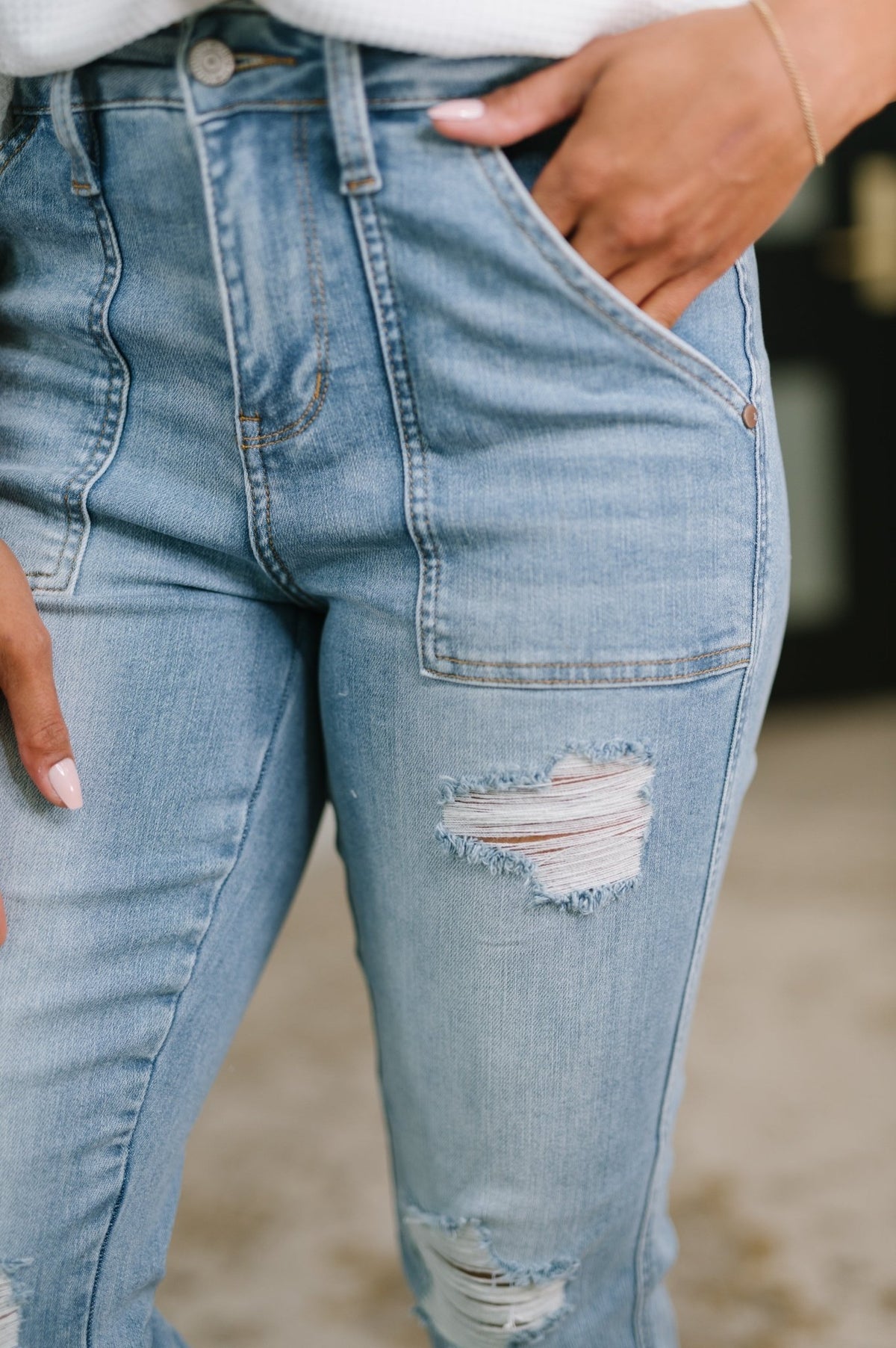 Aiden High Rise Patch Pocket Distressed Boyfriend Jeans - Desert Sunday