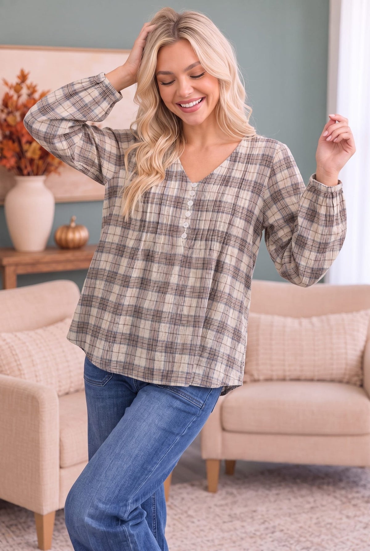 All in Check Pintuck Button Front Blouse - Desert Sunday