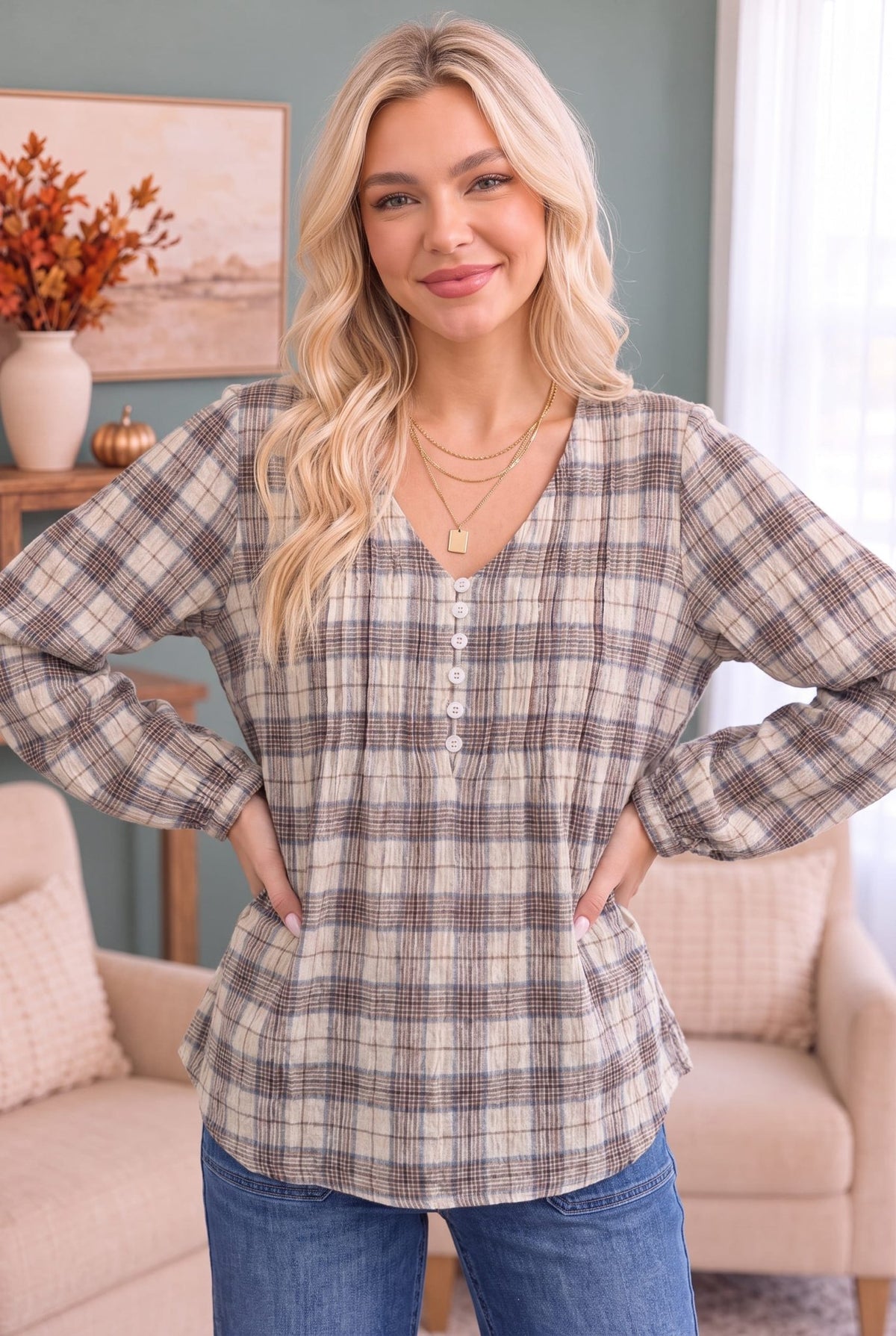 All in Check Pintuck Button Front Blouse - Desert Sunday
