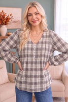 All in Check Pintuck Button Front Blouse - Desert Sunday