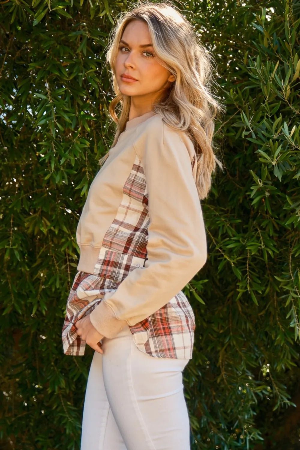 And The Why Full Size Double Layered Plaid Contrast Sweatshirt - Desert Sunday