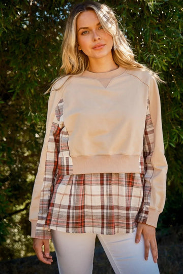 And The Why Full Size Double Layered Plaid Contrast Sweatshirt - Desert Sunday