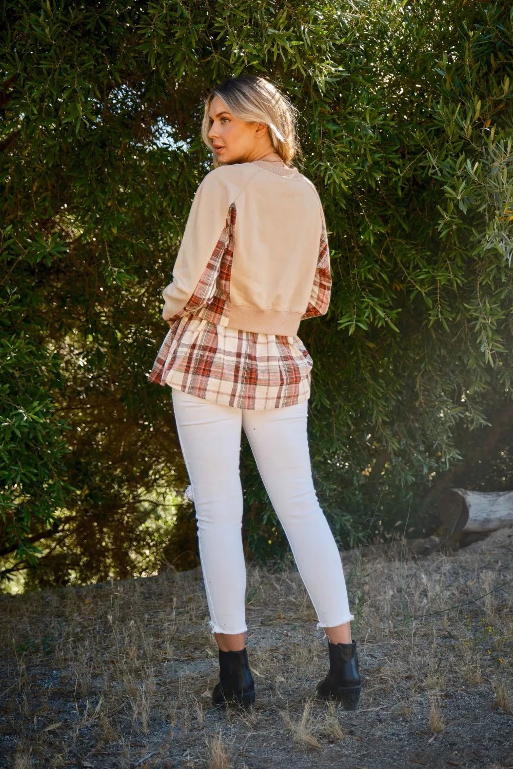 And The Why Full Size Double Layered Plaid Contrast Sweatshirt - Desert Sunday