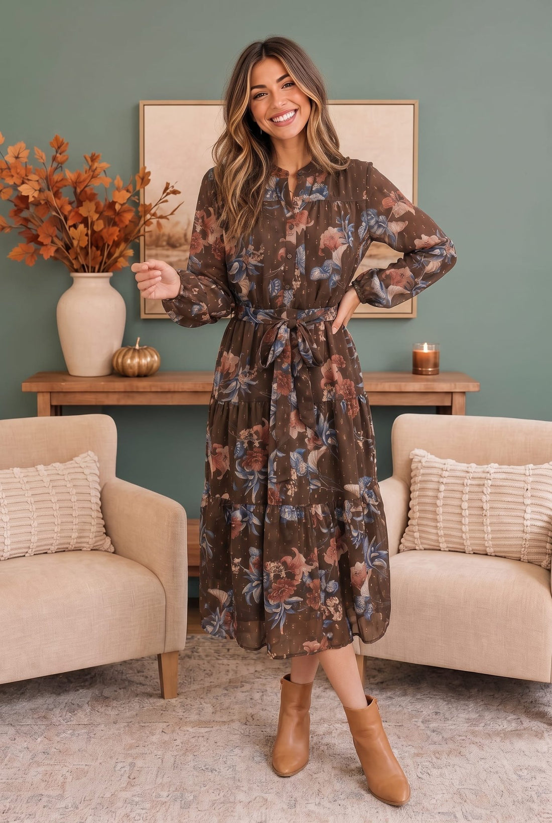 Autumn Garden Floral Midi Dress - Desert Sunday