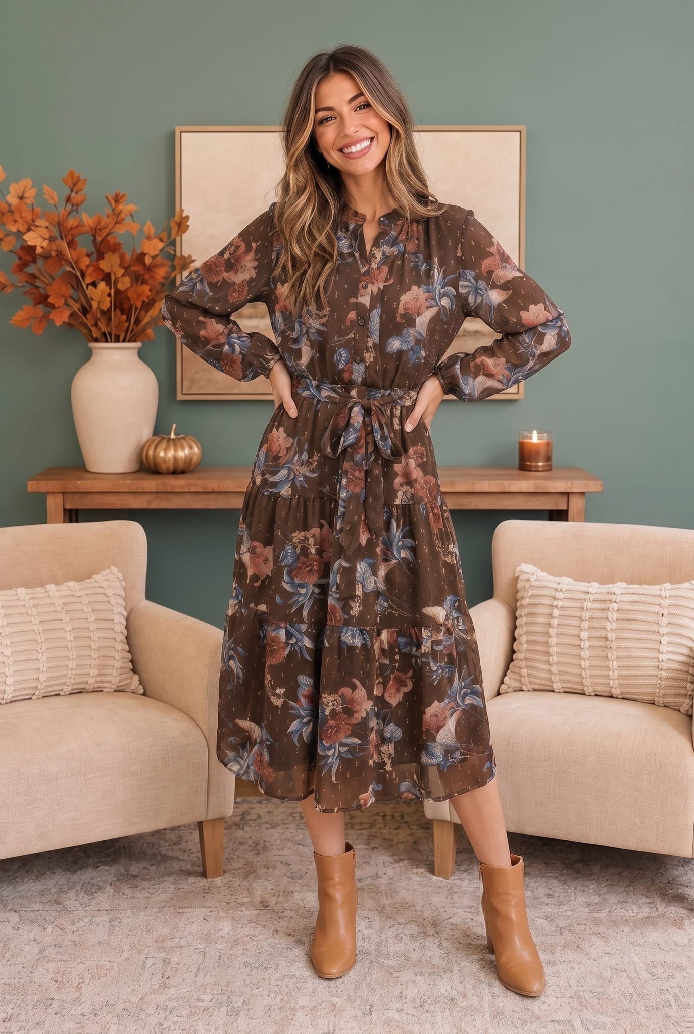 Autumn Garden Floral Midi Dress - Desert Sunday