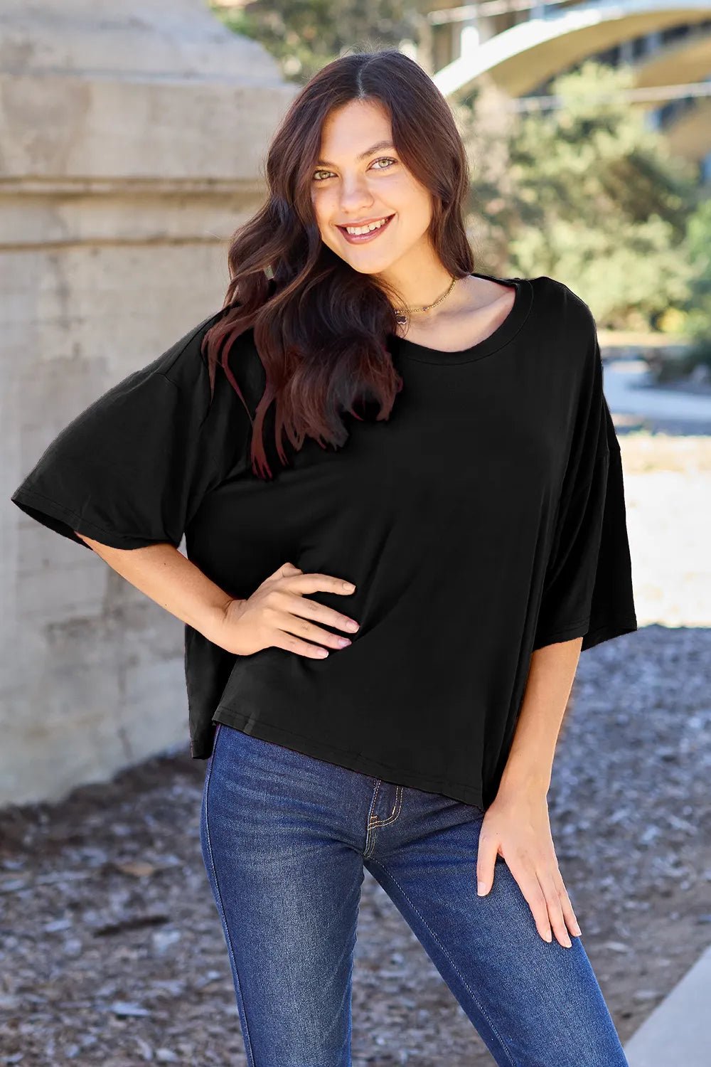 Basic Bae Bamboo Full Size Round Neck Drop Shoulder T-Shirt - Desert Sunday