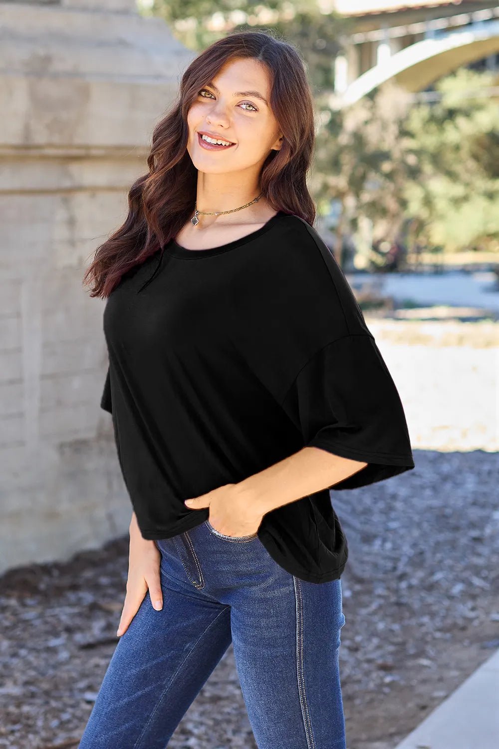 Basic Bae Bamboo Full Size Round Neck Drop Shoulder T-Shirt - Desert Sunday