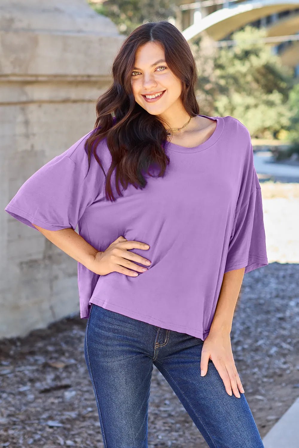 Basic Bae Bamboo Full Size Round Neck Drop Shoulder T-Shirt - Desert Sunday