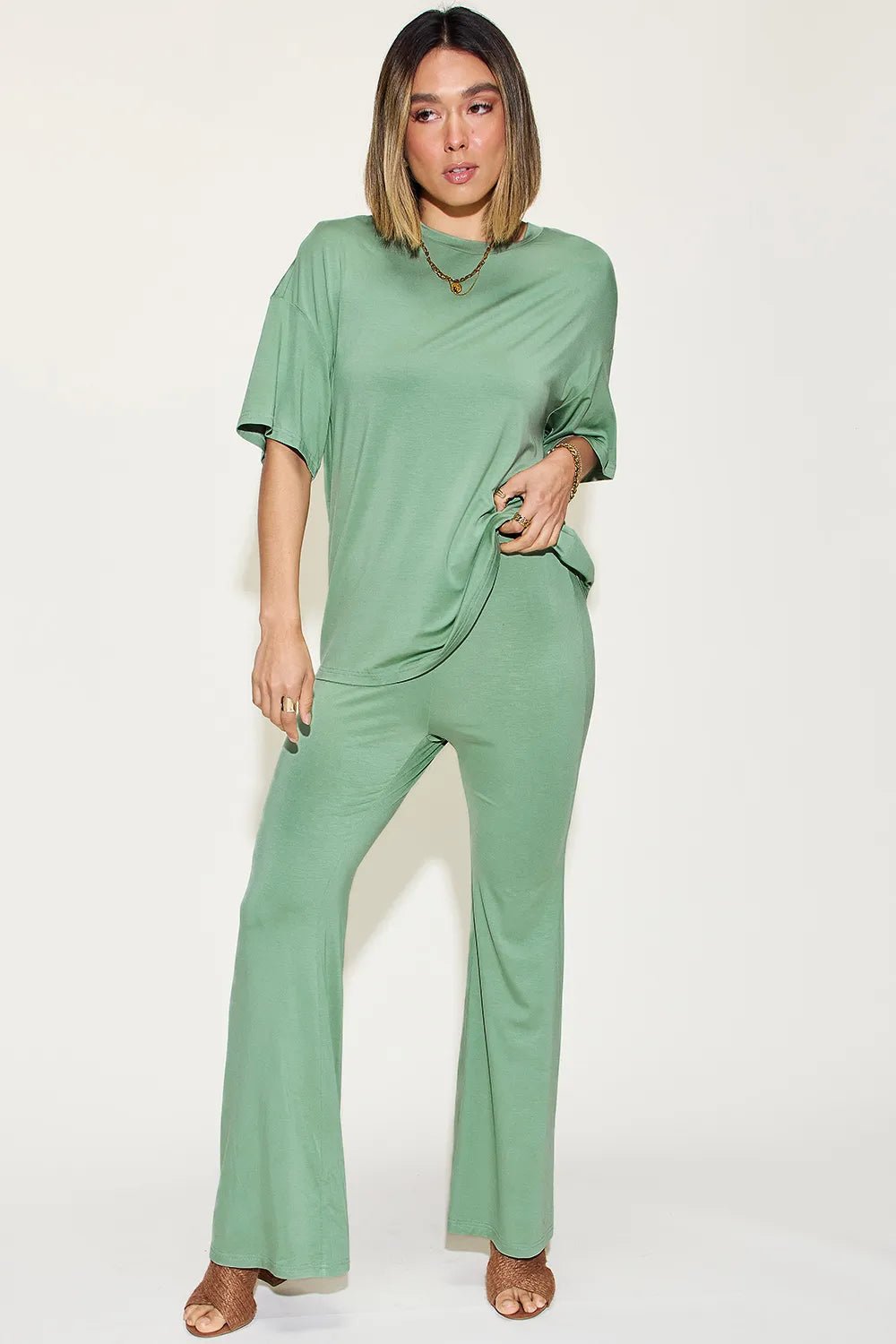 Basic Bae Full Size Bamboo Drop Shoulder T-Shirt and Flare Pants Set - Desert Sunday