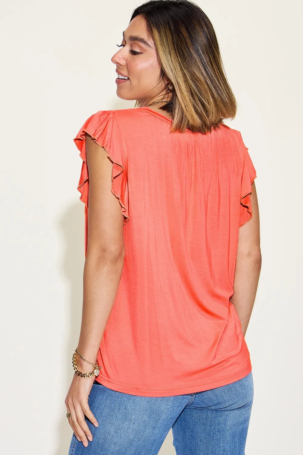 Basic Bae Full Size Bamboo Notched Ruffled Short Sleeve T-Shirt - Desert Sunday