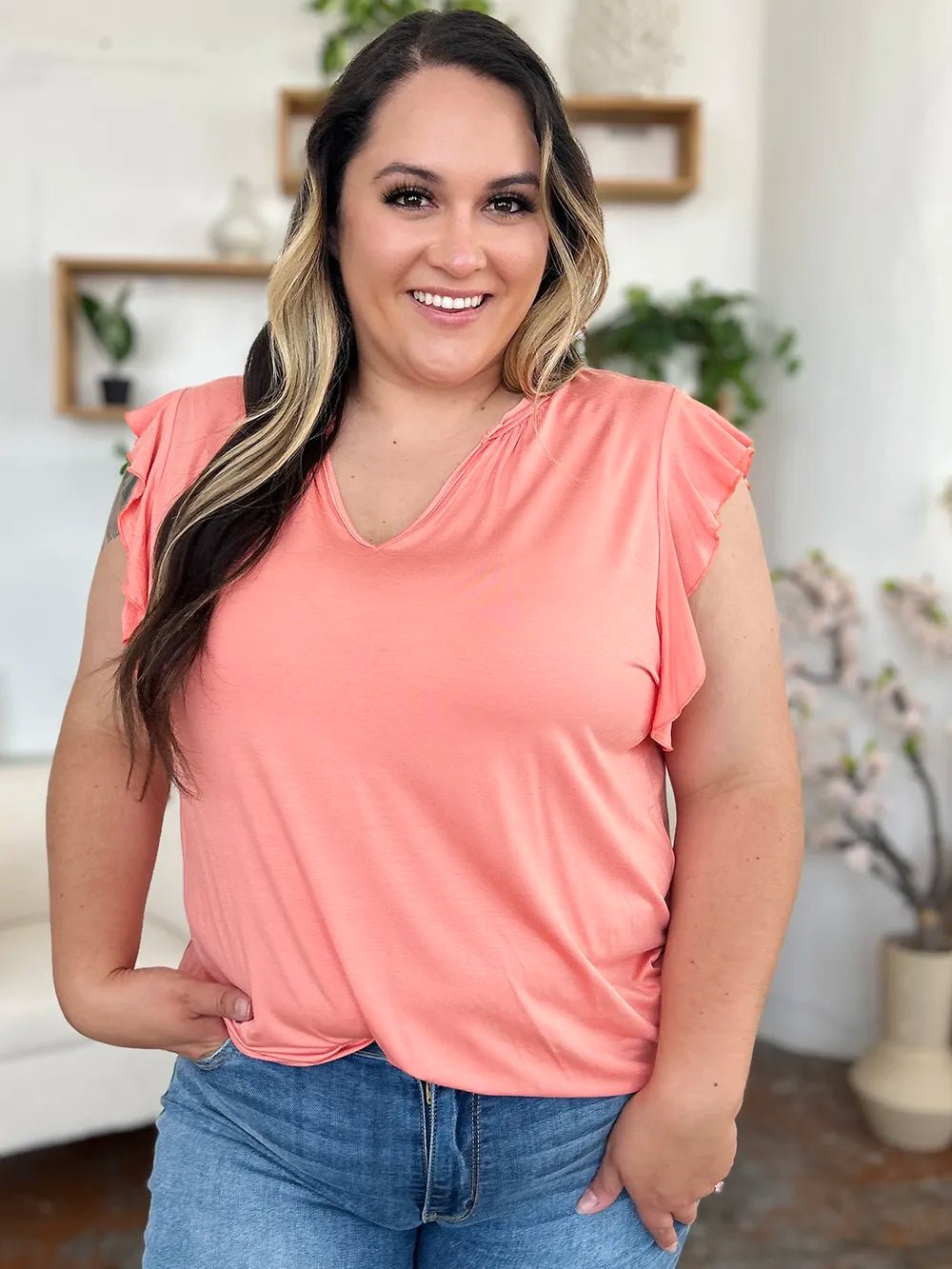 Basic Bae Full Size Bamboo Notched Ruffled Short Sleeve T-Shirt - Desert Sunday