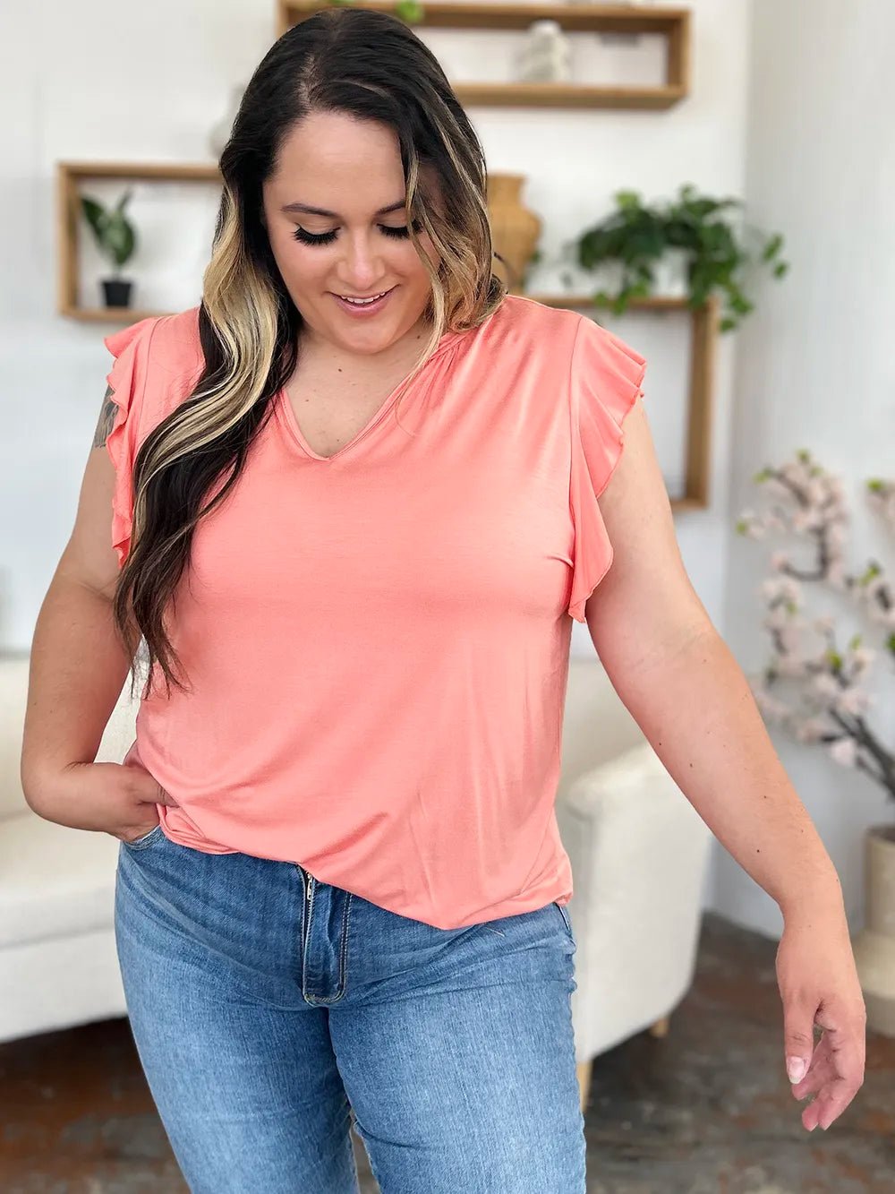 Basic Bae Full Size Bamboo Notched Ruffled Short Sleeve T-Shirt - Desert Sunday