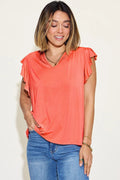 Basic Bae Full Size Bamboo Notched Ruffled Short Sleeve T-Shirt - Desert Sunday