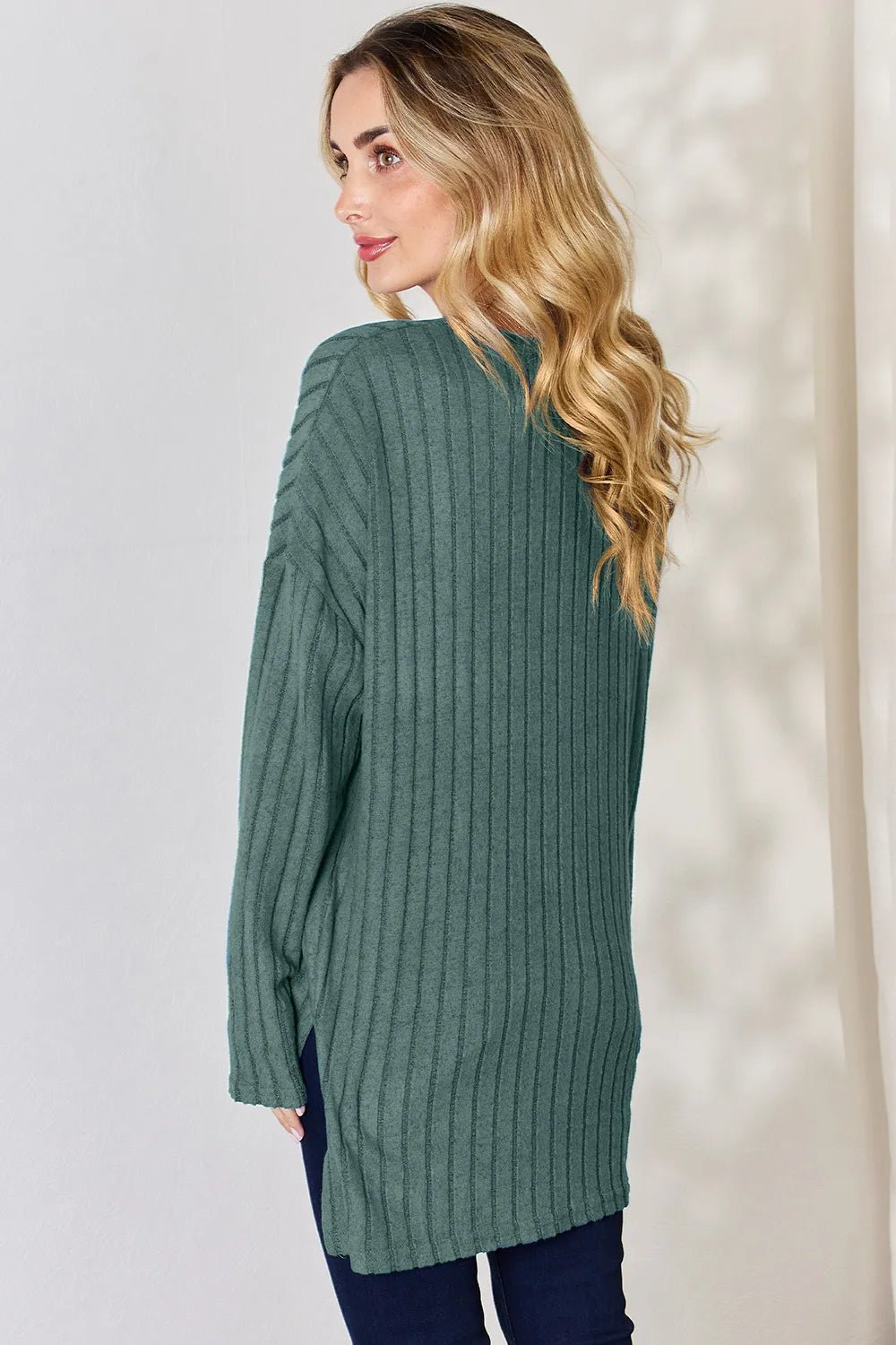 Basic Bae Full Size Ribbed Half Button Long Sleeve High-Low T-Shirt - Desert Sunday