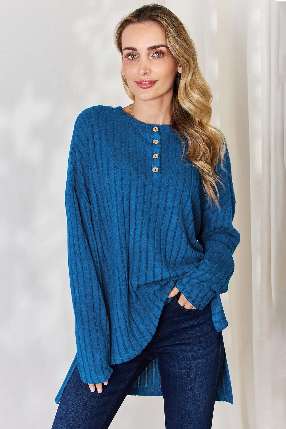 Basic Bae Full Size Ribbed Half Button Long Sleeve High-Low T-Shirt - Desert Sunday