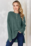Basic Bae Full Size Ribbed Half Button Long Sleeve High-Low T-Shirt - Desert Sunday