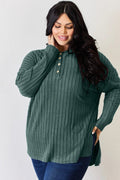 Basic Bae Full Size Ribbed Half Button Long Sleeve High-Low T-Shirt - Desert Sunday