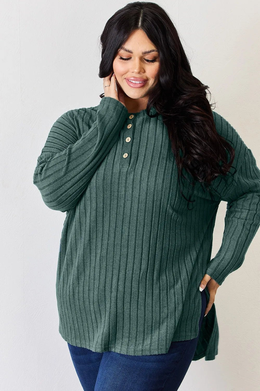 Basic Bae Full Size Ribbed Half Button Long Sleeve High-Low T-Shirt - Desert Sunday