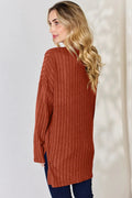 Basic Bae Full Size Ribbed Half Button Long Sleeve High-Low T-Shirt - Desert Sunday