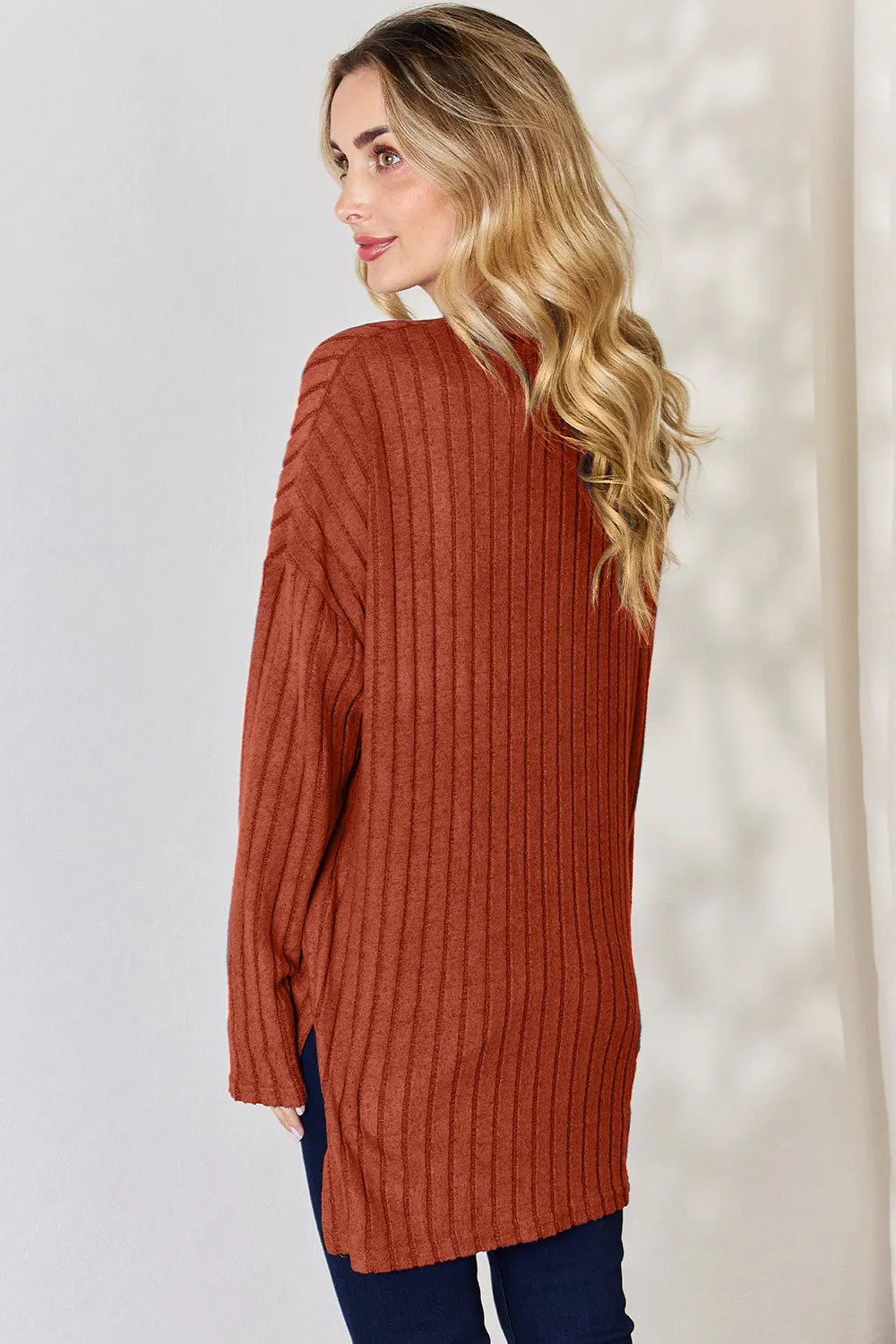 Basic Bae Full Size Ribbed Half Button Long Sleeve High-Low T-Shirt - Desert Sunday