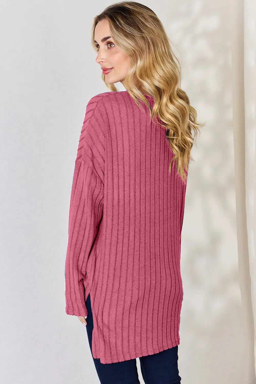 Basic Bae Full Size Ribbed Half Button Long Sleeve High-Low T-Shirt - Desert Sunday