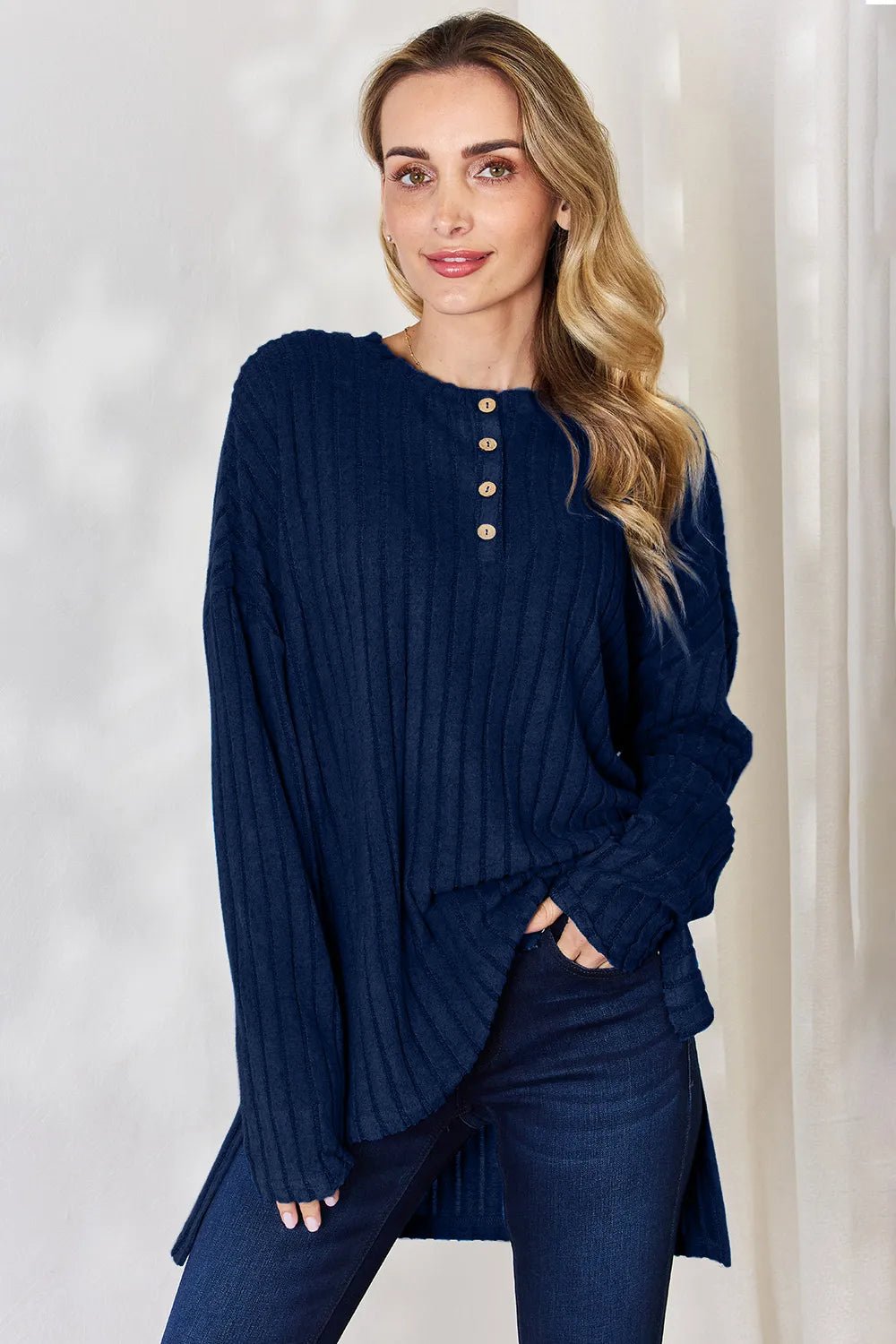 Basic Bae Full Size Ribbed Half Button Long Sleeve High-Low T-Shirt - Desert Sunday