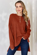 Basic Bae Full Size Ribbed Half Button Long Sleeve High-Low T-Shirt - Desert Sunday