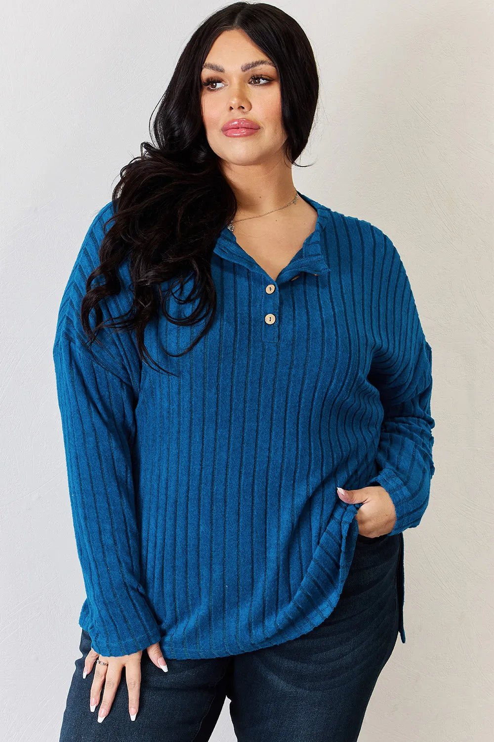Basic Bae Full Size Ribbed Half Button Long Sleeve High-Low T-Shirt - Desert Sunday