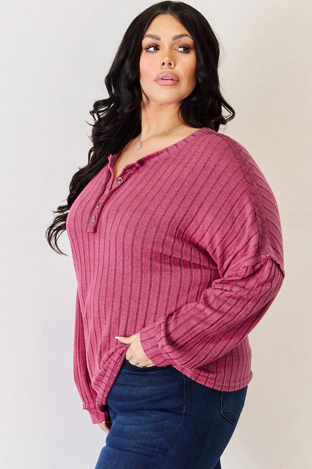 Basic Bae Full Size Ribbed Half Button Long Sleeve High-Low T-Shirt - Desert Sunday