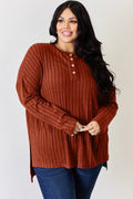 Basic Bae Full Size Ribbed Half Button Long Sleeve High-Low T-Shirt - Desert Sunday