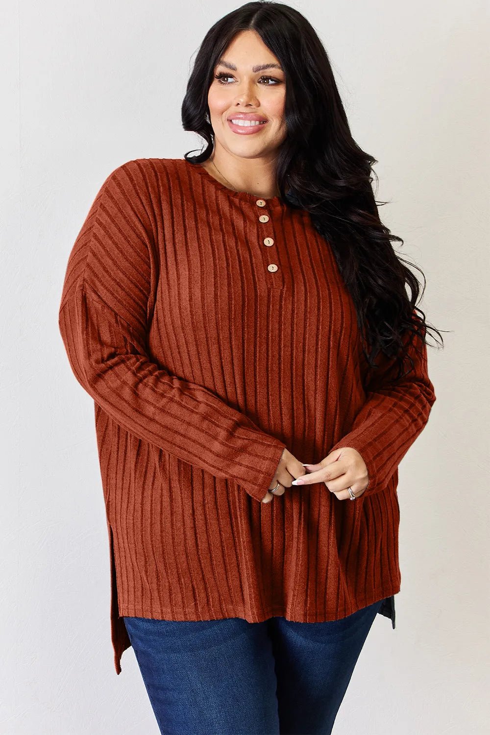 Basic Bae Full Size Ribbed Half Button Long Sleeve High-Low T-Shirt - Desert Sunday