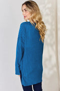 Basic Bae Full Size Ribbed Half Button Long Sleeve High-Low T-Shirt - Desert Sunday