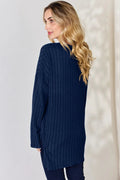 Basic Bae Full Size Ribbed Half Button Long Sleeve High-Low T-Shirt - Desert Sunday