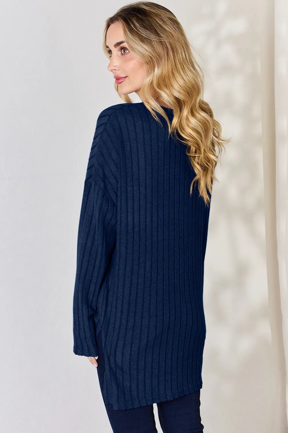 Basic Bae Full Size Ribbed Half Button Long Sleeve High-Low T-Shirt - Desert Sunday
