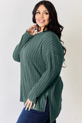 Basic Bae Full Size Ribbed Half Button Long Sleeve High-Low T-Shirt - Desert Sunday