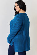 Basic Bae Full Size Ribbed Half Button Long Sleeve High-Low T-Shirt - Desert Sunday