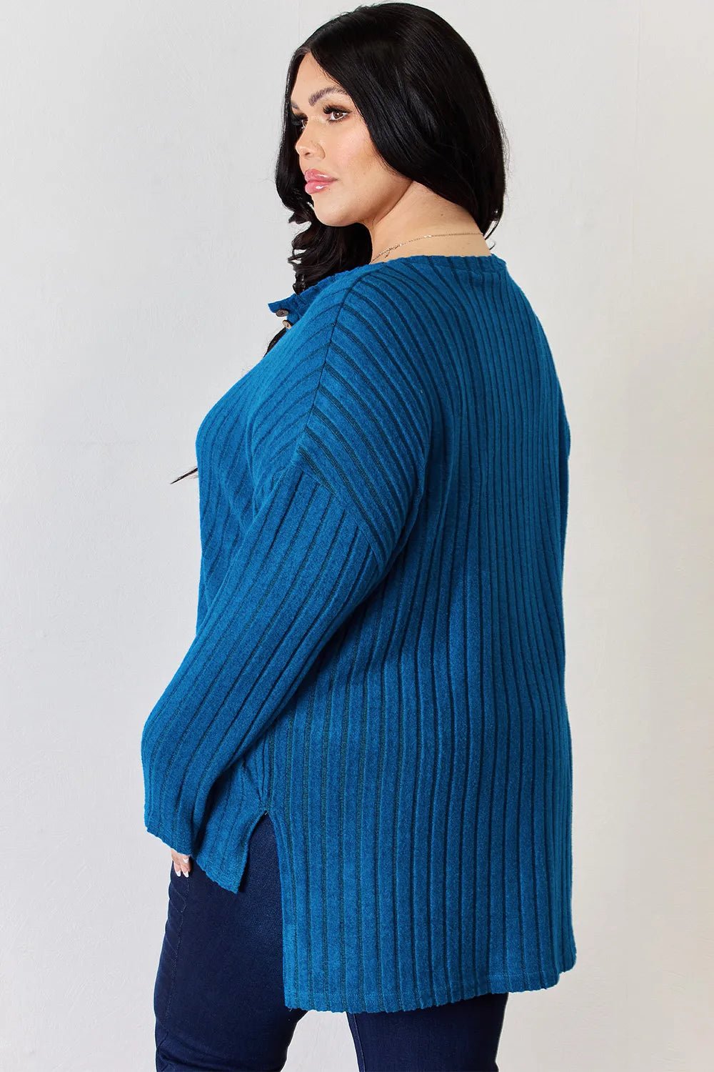 Basic Bae Full Size Ribbed Half Button Long Sleeve High-Low T-Shirt - Desert Sunday