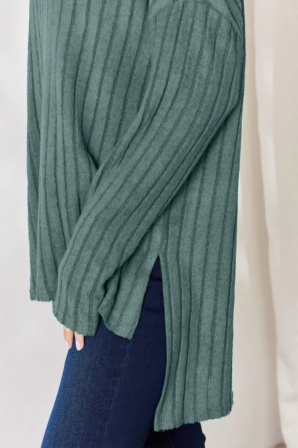 Basic Bae Full Size Ribbed Half Button Long Sleeve High-Low T-Shirt - Desert Sunday