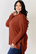 Basic Bae Full Size Ribbed Half Button Long Sleeve High-Low T-Shirt - Desert Sunday