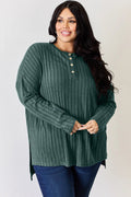 Basic Bae Full Size Ribbed Half Button Long Sleeve High-Low T-Shirt - Desert Sunday